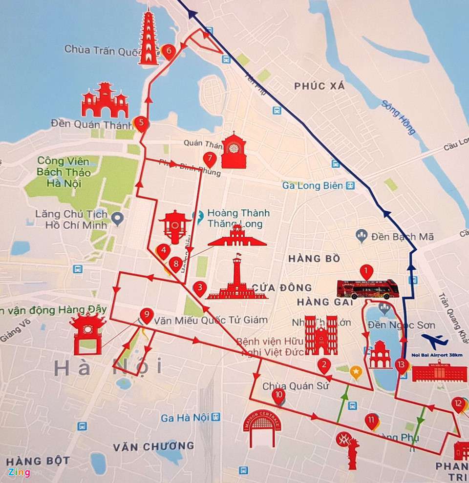 Map of routes on Hanoi Hop on Hop Bus
